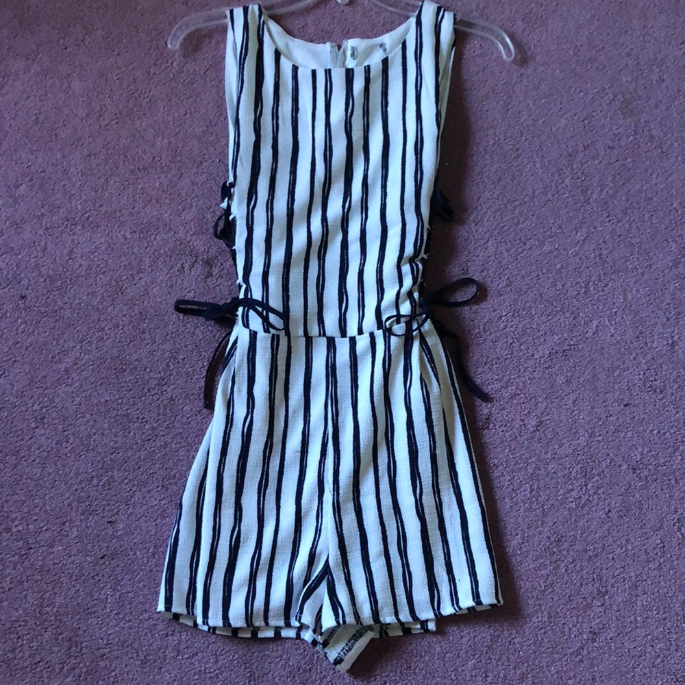 Wet Seal White Blue Nautical Striped LaceUp Romper
